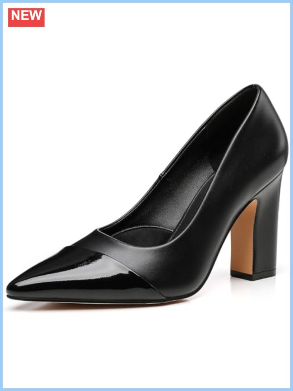 Women's Chunky Block Heel Pumps, Closed Pointed Toe Faux Leather Slip-On Dress
